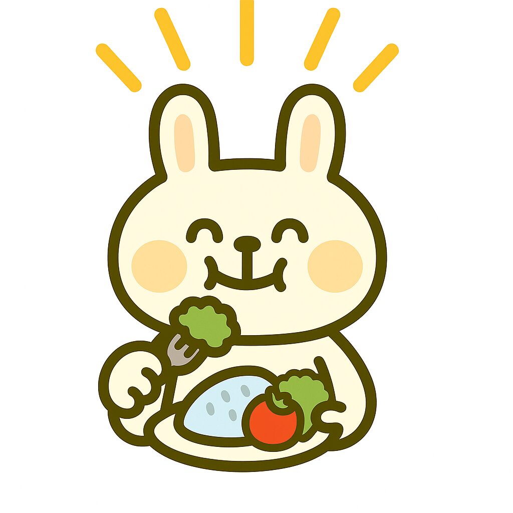 笑顔でブロッコリーとごはん・トマトを食べている白いうさぎのキャラクター（みどりん）